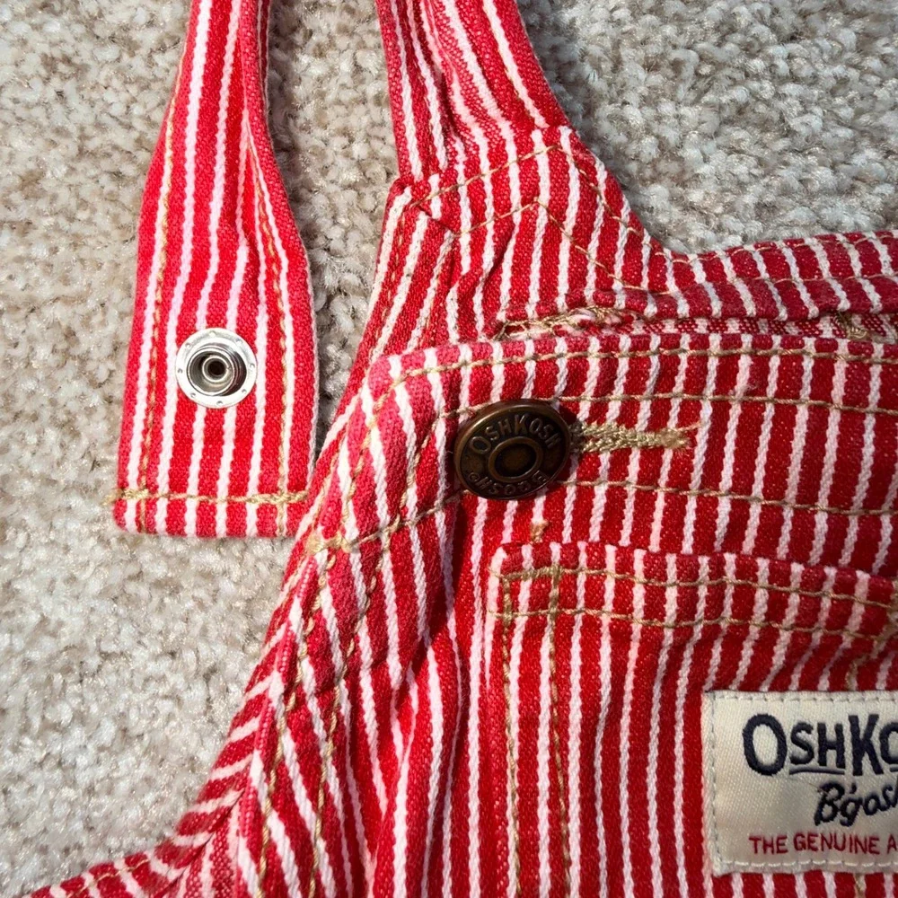 Vintage OshKosh B'gosh Kids Red White Hickory Stripe Overall Dress Jumper 24 M